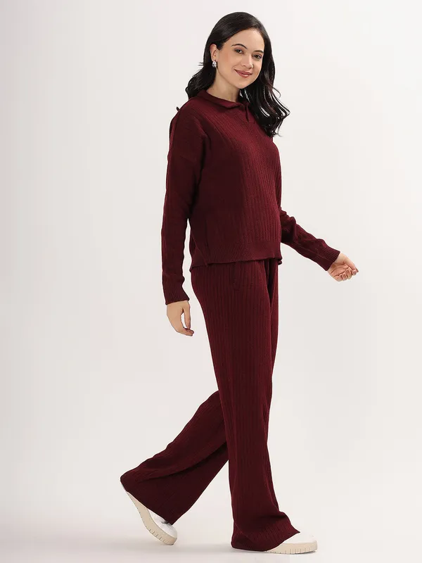 Wine_Women_Winter_Lounge_Co-Ord_Set_Ribbed_Knit_Polo_Sweater_&_Wide_Leg_Pajama_Pants