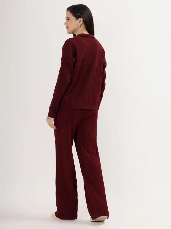 Wine_Women_Winter_Lounge_Co-Ord_Set_Ribbed_Knit_Polo_Sweater_&_Wide_Leg_Pajama_Pants