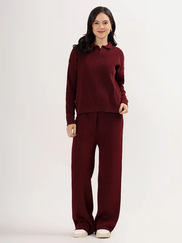 Wine_Women_Winter_Lounge_Co-Ord_Set_Ribbed_Knit_Polo_Sweater_&_Wide_Leg_Pajama_Pants