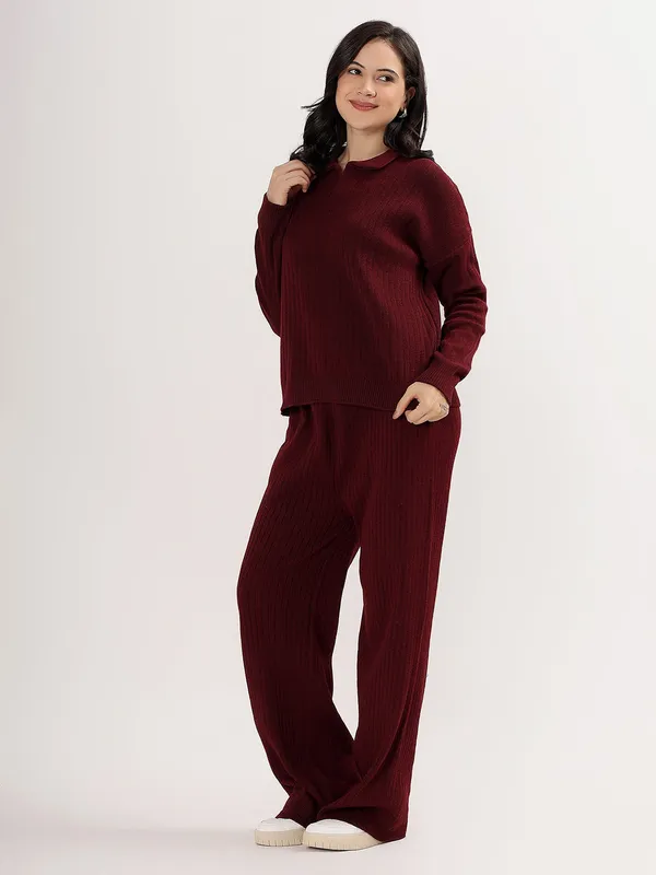 Wine_Women_Winter_Lounge_Co-Ord_Set_Ribbed_Knit_Polo_Sweater_&_Wide_Leg_Pajama_Pants