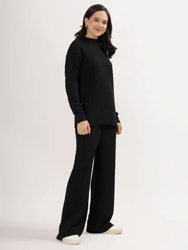 Black_Chic_Knit_Lounge_Set_For_Women_Winter_Co-Ord_With_Wide_Leg_Pants