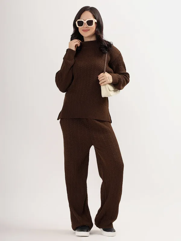 Brown_Chic_Knit_Lounge_Set_For_Women_Winter_Co-Ord_With_Wide_Leg_Pants