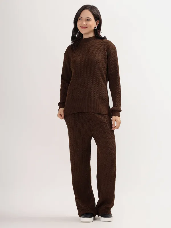 Brown_Chic_Knit_Lounge_Set_For_Women_Winter_Co-Ord_With_Wide_Leg_Pants