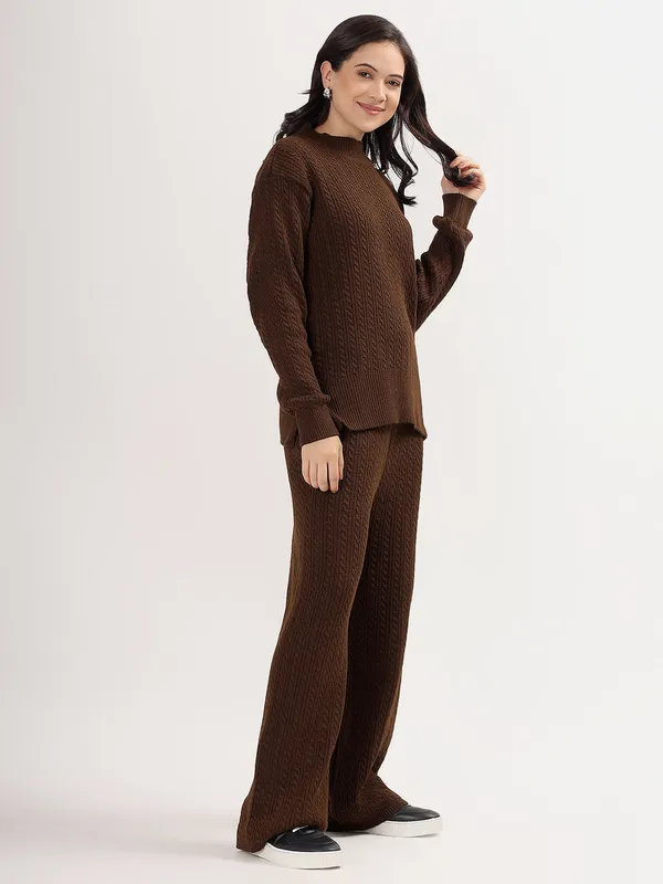 Brown_Chic_Knit_Lounge_Set_For_Women_Winter_Co-Ord_With_Wide_Leg_Pants