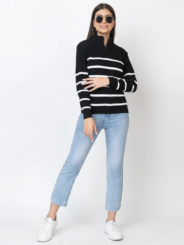 Black_Women_Half_Zipper_Striped