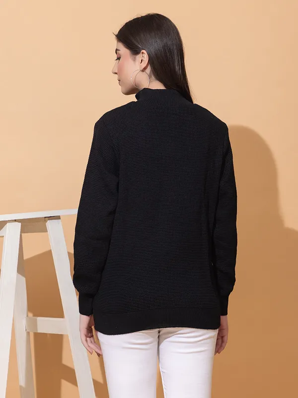 Black_Women_Half_Zipper_Self_Knitted_Sweater