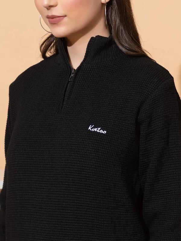 Black_Women_Half_Zipper_Self_Knitted_Sweater