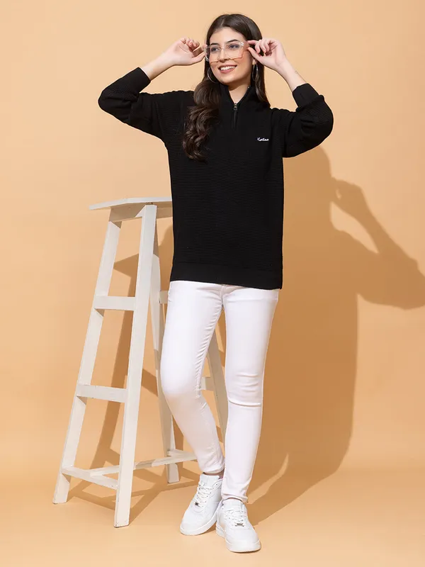 Black_Women_Half_Zipper_Self_Knitted_Sweater