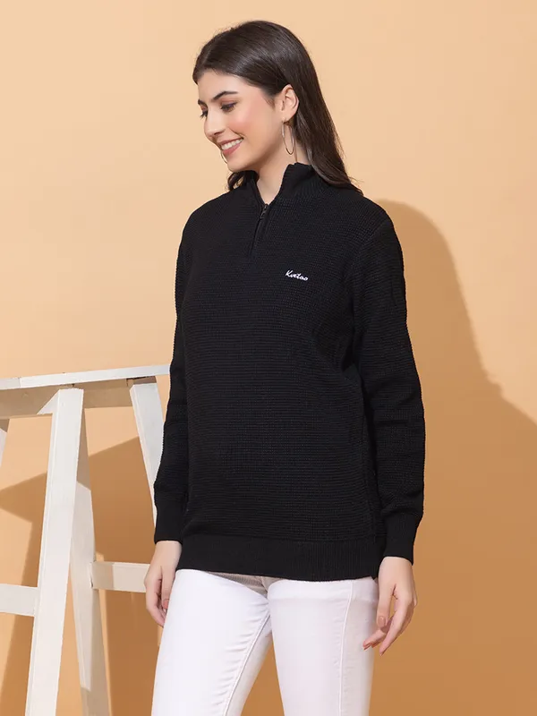 Black_Women_Half_Zipper_Self_Knitted_Sweater