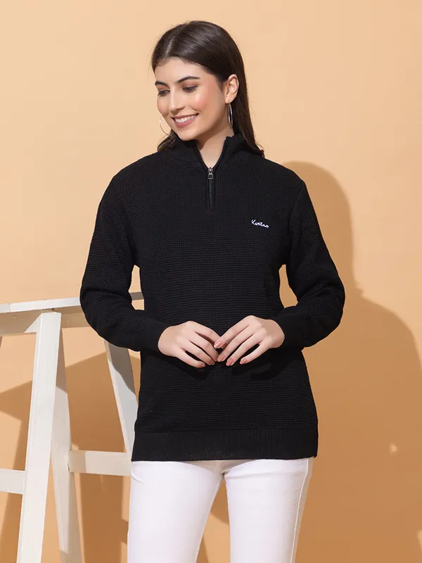 Black_Women_Half_Zipper_Self_Knitted_Sweater
