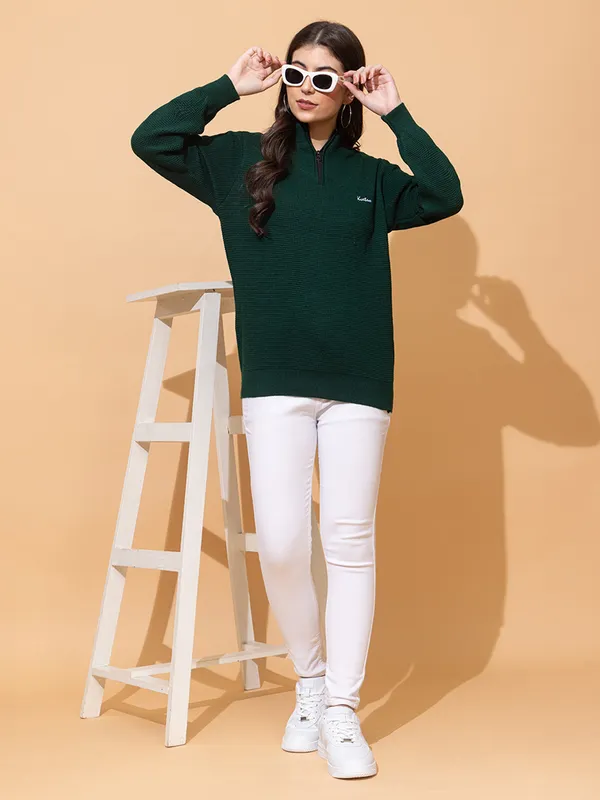 Green_Women_Half_Zipper_Self_Knitted_Sweater