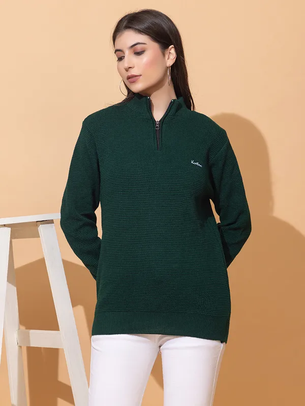 Green_Women_Half_Zipper_Self_Knitted_Sweater