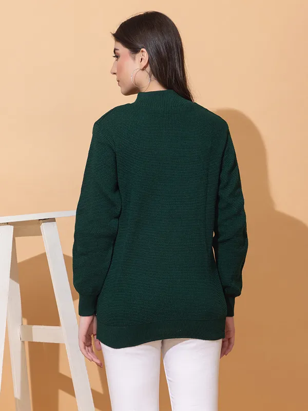 Green_Women_Half_Zipper_Self_Knitted_Sweater