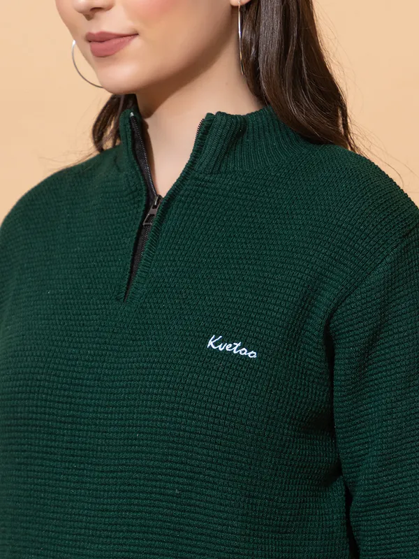 Green_Women_Half_Zipper_Self_Knitted_Sweater