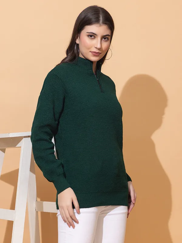 Green_Women_Half_Zipper_Self_Knitted_Sweater