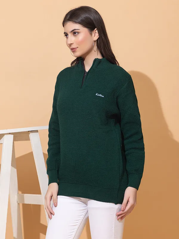 Green_Women_Half_Zipper_Self_Knitted_Sweater