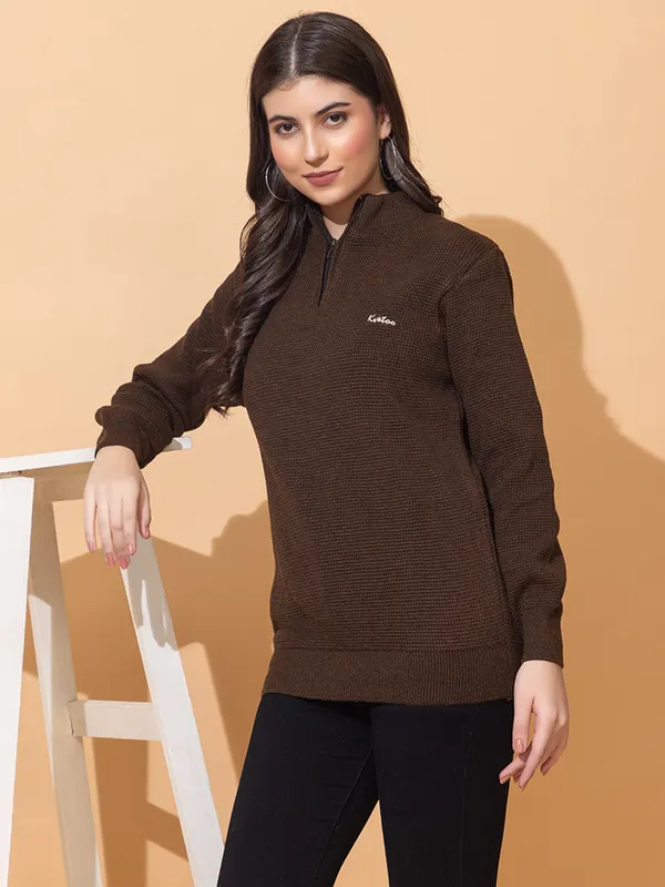 Brown_Women_Half_Zipper_Self_Knitted_Sweater