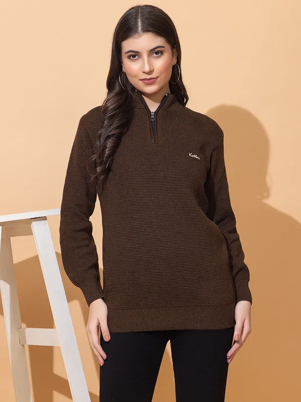 Brown_Women_Half_Zipper_Self_Knitted_Sweater