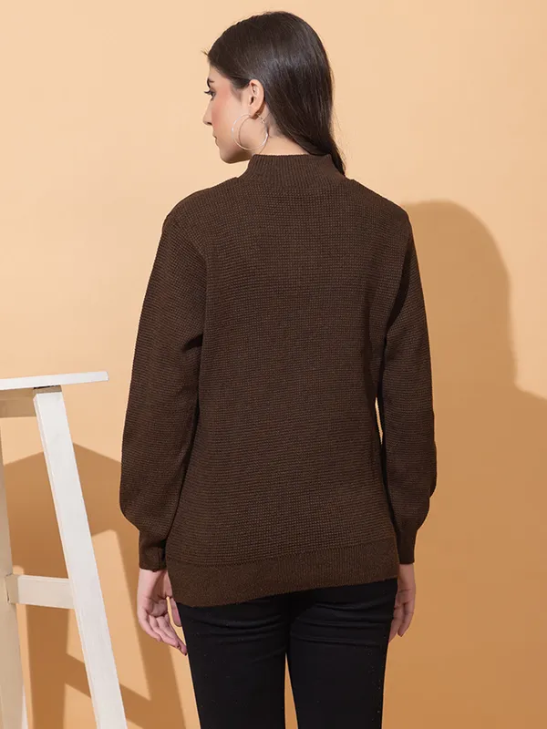 Brown_Women_Half_Zipper_Self_Knitted_Sweater