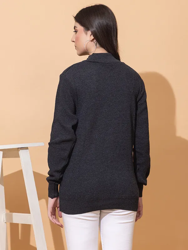 Dark-Grey_Women_Half_Zipper_Self_Knitted_Sweater
