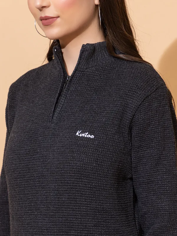 Dark-Grey_Women_Half_Zipper_Self_Knitted_Sweater