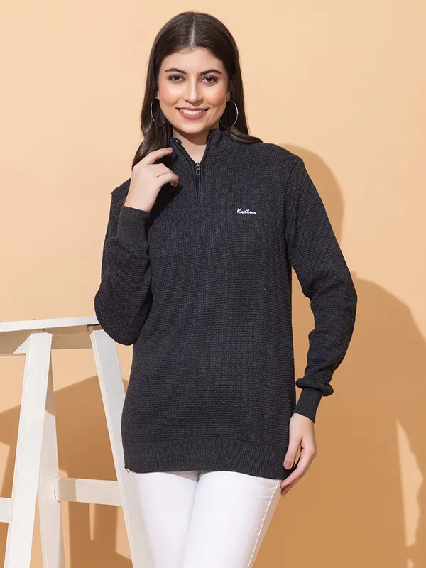 Dark-Grey_Women_Half_Zipper_Self_Knitted_Sweater