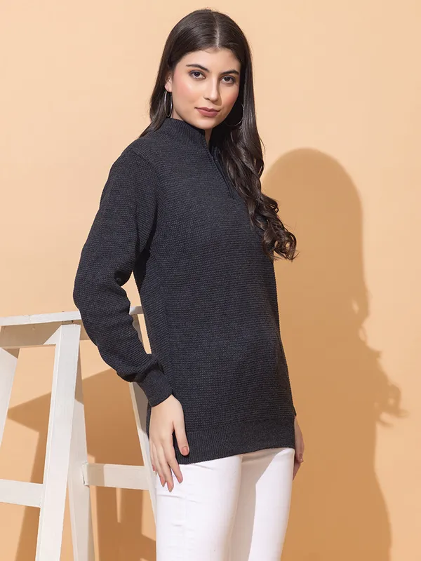 Dark-Grey_Women_Half_Zipper_Self_Knitted_Sweater