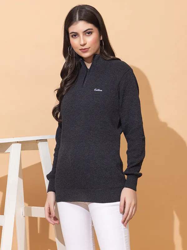 Dark-Grey_Women_Half_Zipper_Self_Knitted_Sweater