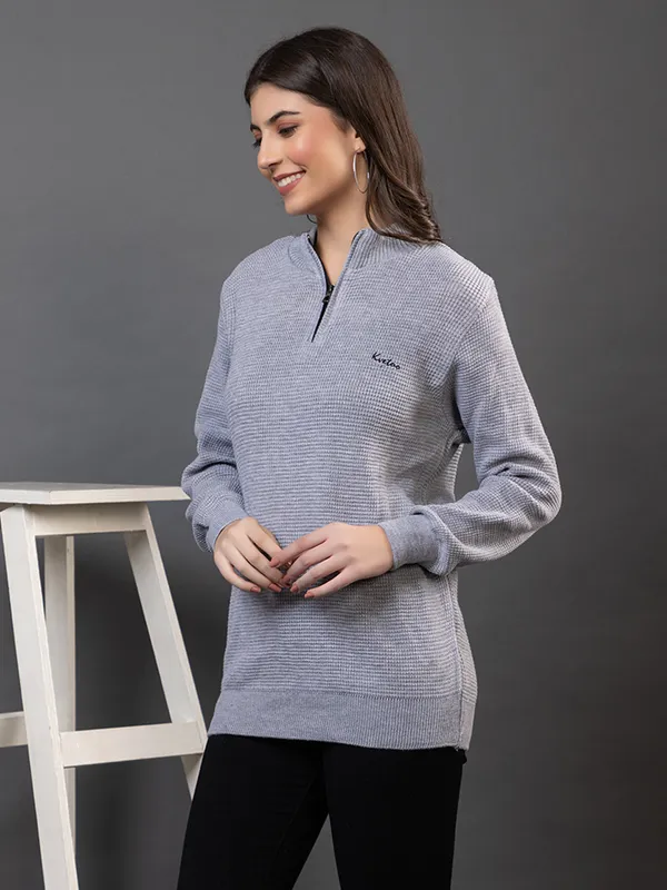 Grey_Women_Half_Zipper_Self_Knitted_Sweater