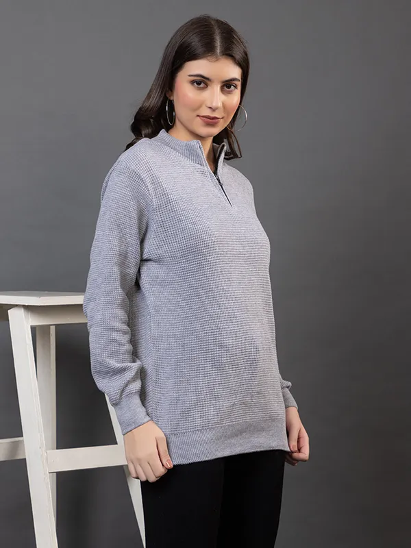 Grey_Women_Half_Zipper_Self_Knitted_Sweater