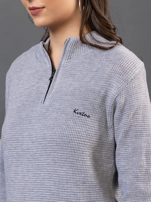 Grey_Women_Half_Zipper_Self_Knitted_Sweater