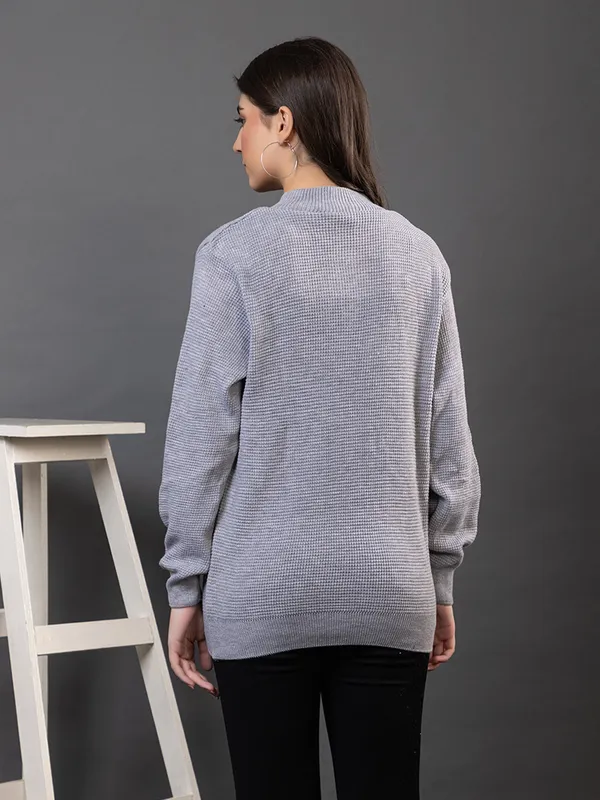 Grey_Women_Half_Zipper_Self_Knitted_Sweater