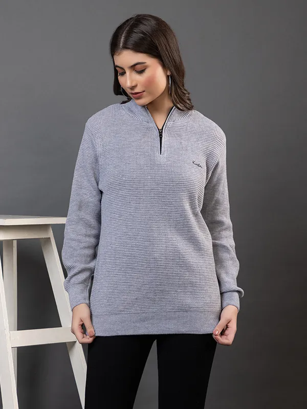 Grey_Women_Half_Zipper_Self_Knitted_Sweater
