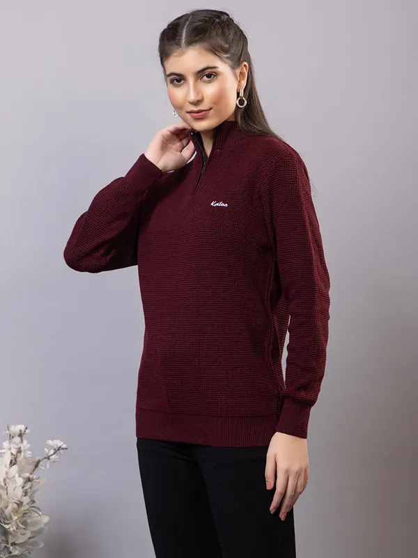 Wine_Women_Half_Zipper_Self_Knitted_Sweater