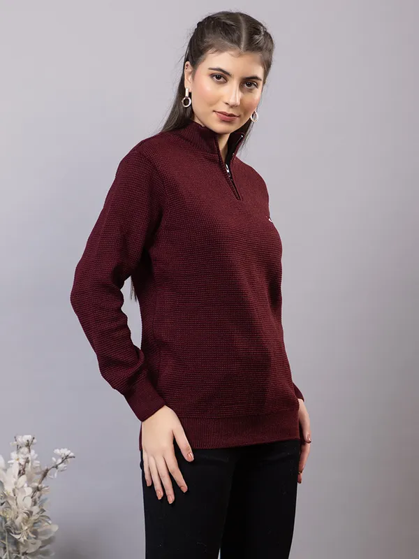 Wine_Women_Half_Zipper_Self_Knitted_Sweater