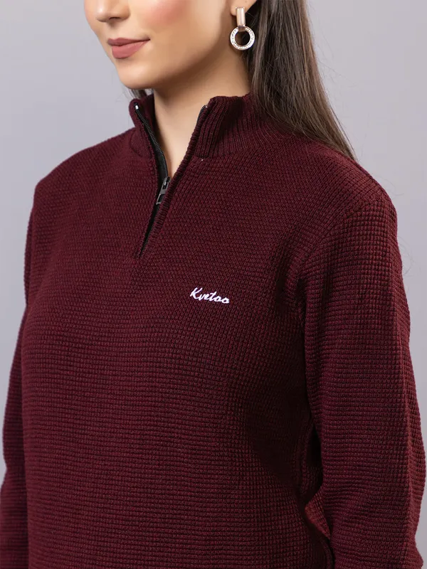Wine_Women_Half_Zipper_Self_Knitted_Sweater