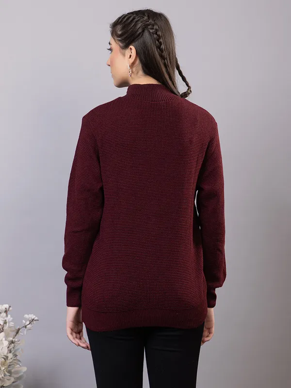 Wine_Women_Half_Zipper_Self_Knitted_Sweater