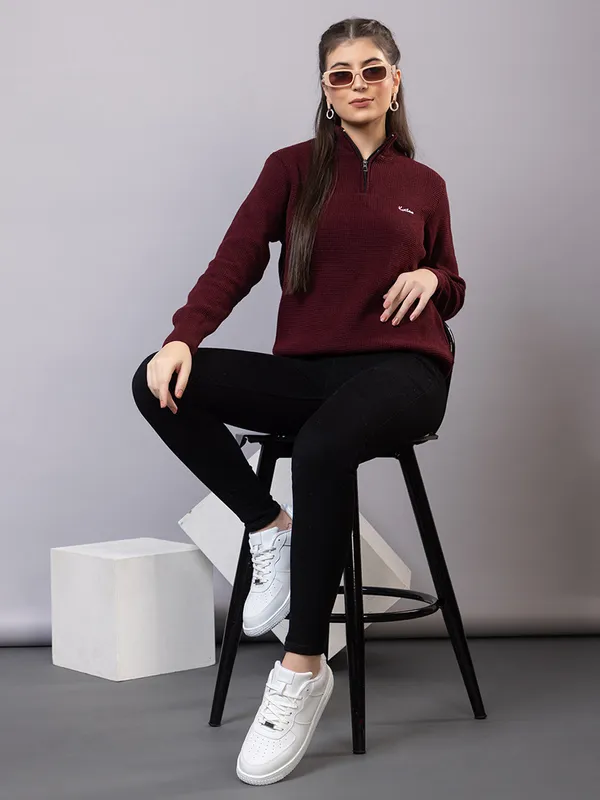 Wine_Women_Half_Zipper_Self_Knitted_Sweater