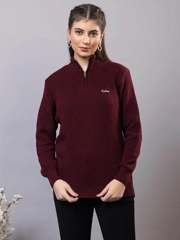 Wine_Women_Half_Zipper_Self_Knitted_Sweater