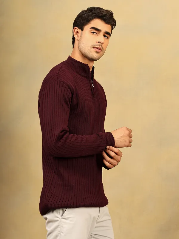 Wine_Woolen_Zipper_Sweater_For_Men