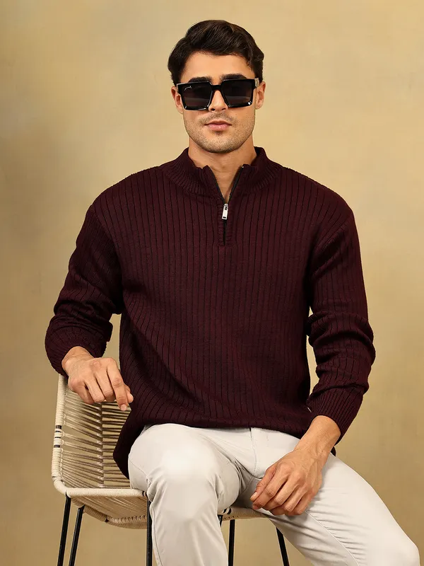 Wine_Woolen_Zipper_Sweater_For_Men