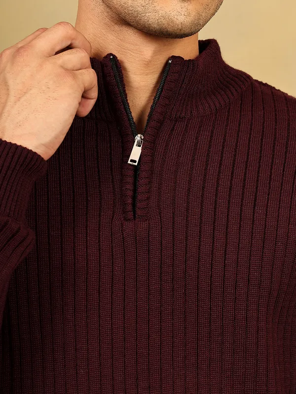 Wine_Woolen_Zipper_Sweater_For_Men