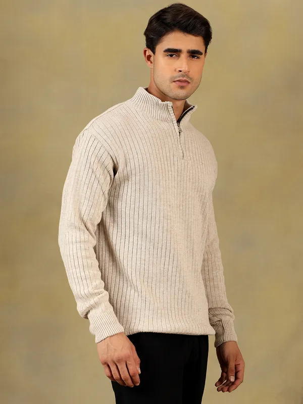 Cream_Woolen_Zipper_Sweater_For_Men
