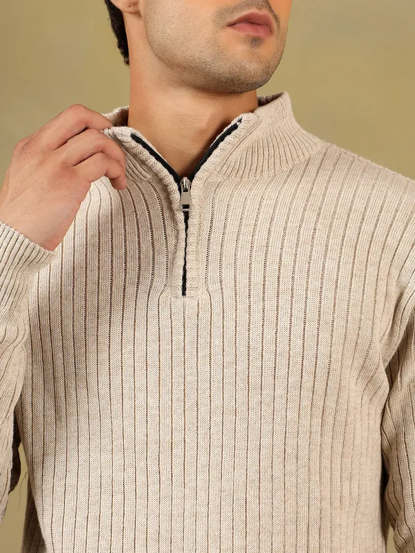 Cream_Woolen_Zipper_Sweater_For_Men