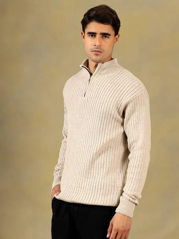 Cream_Woolen_Zipper_Sweater_For_Men