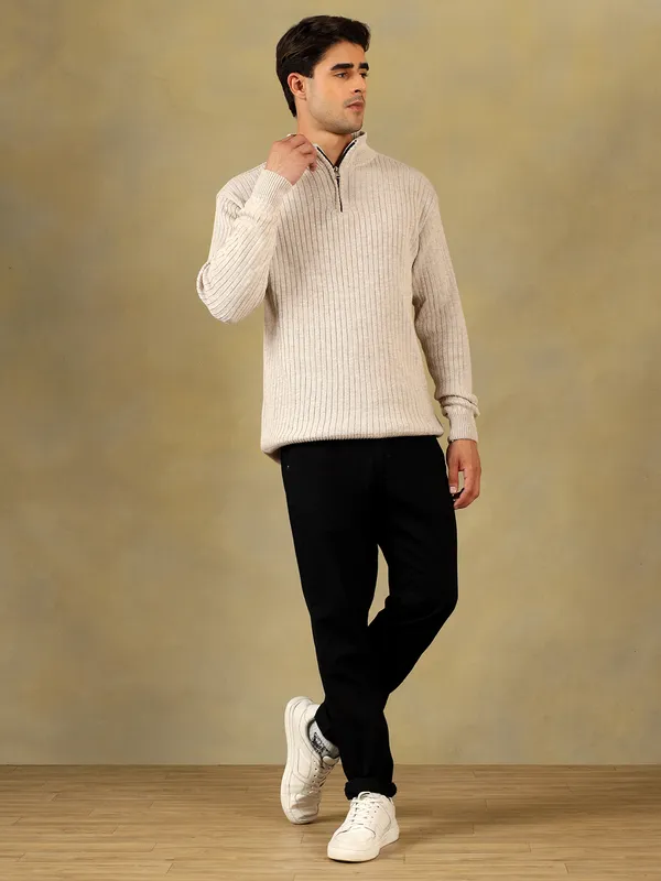 Cream_Woolen_Zipper_Sweater_For_Men