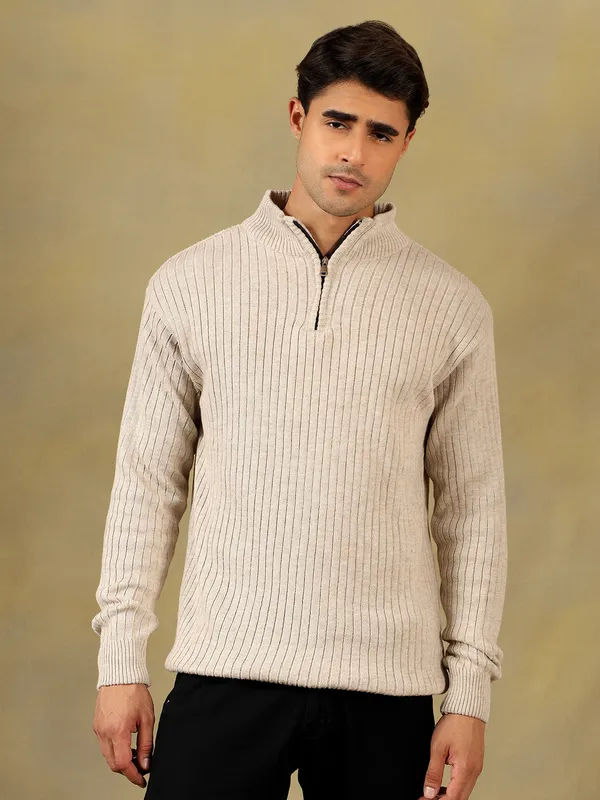 Cream_Woolen_Zipper_Sweater_For_Men