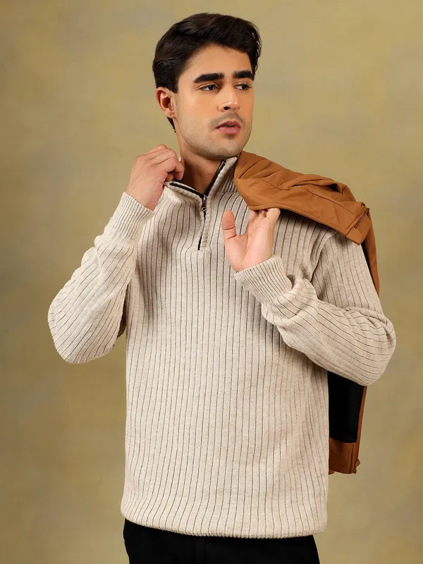 Cream_Woolen_Zipper_Sweater_For_Men