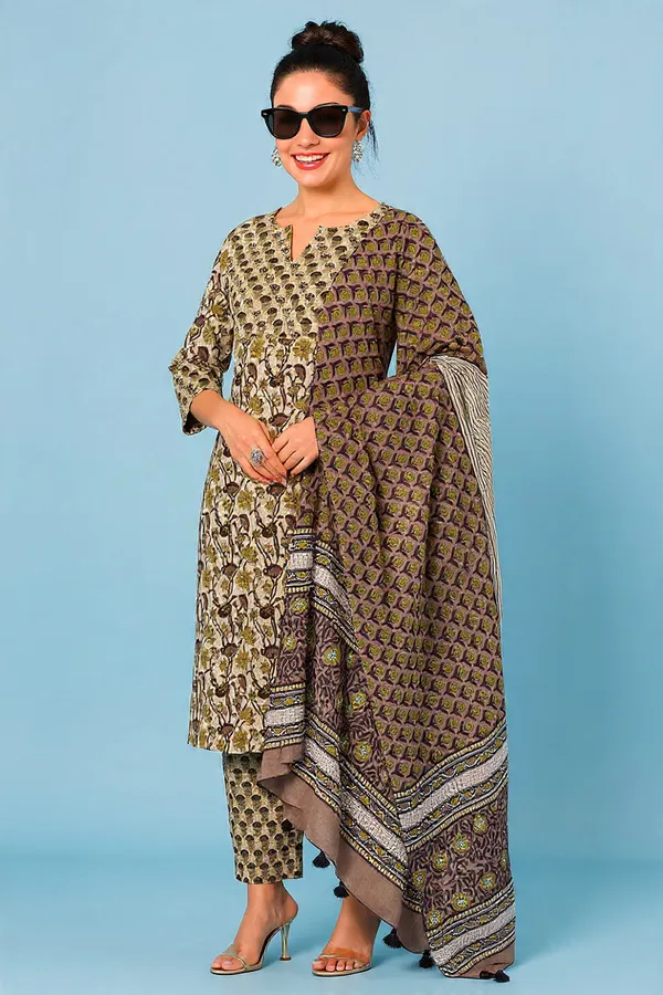 Green_&_Brown_Rayon_Slub_&_Dupatta_Kotachex_Kurta_Set_For_Women