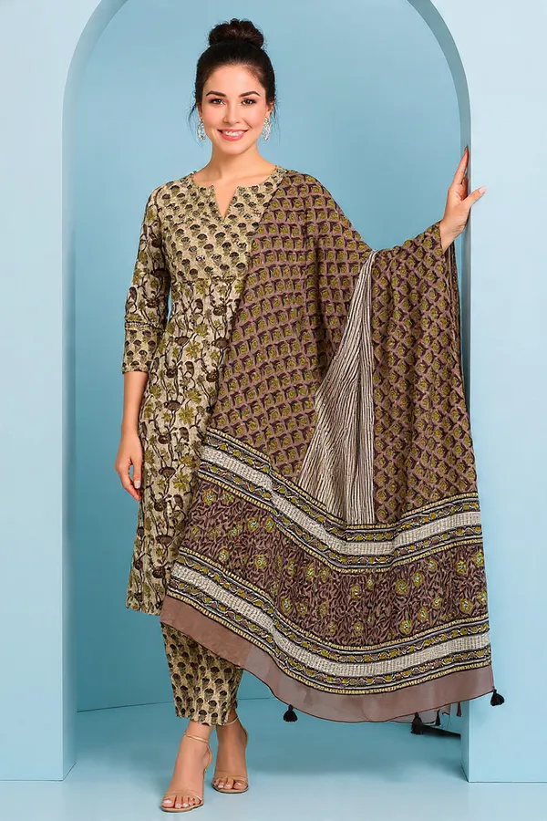 Green_&_Brown_Rayon_Slub_&_Dupatta_Kotachex_Kurta_Set_For_Women